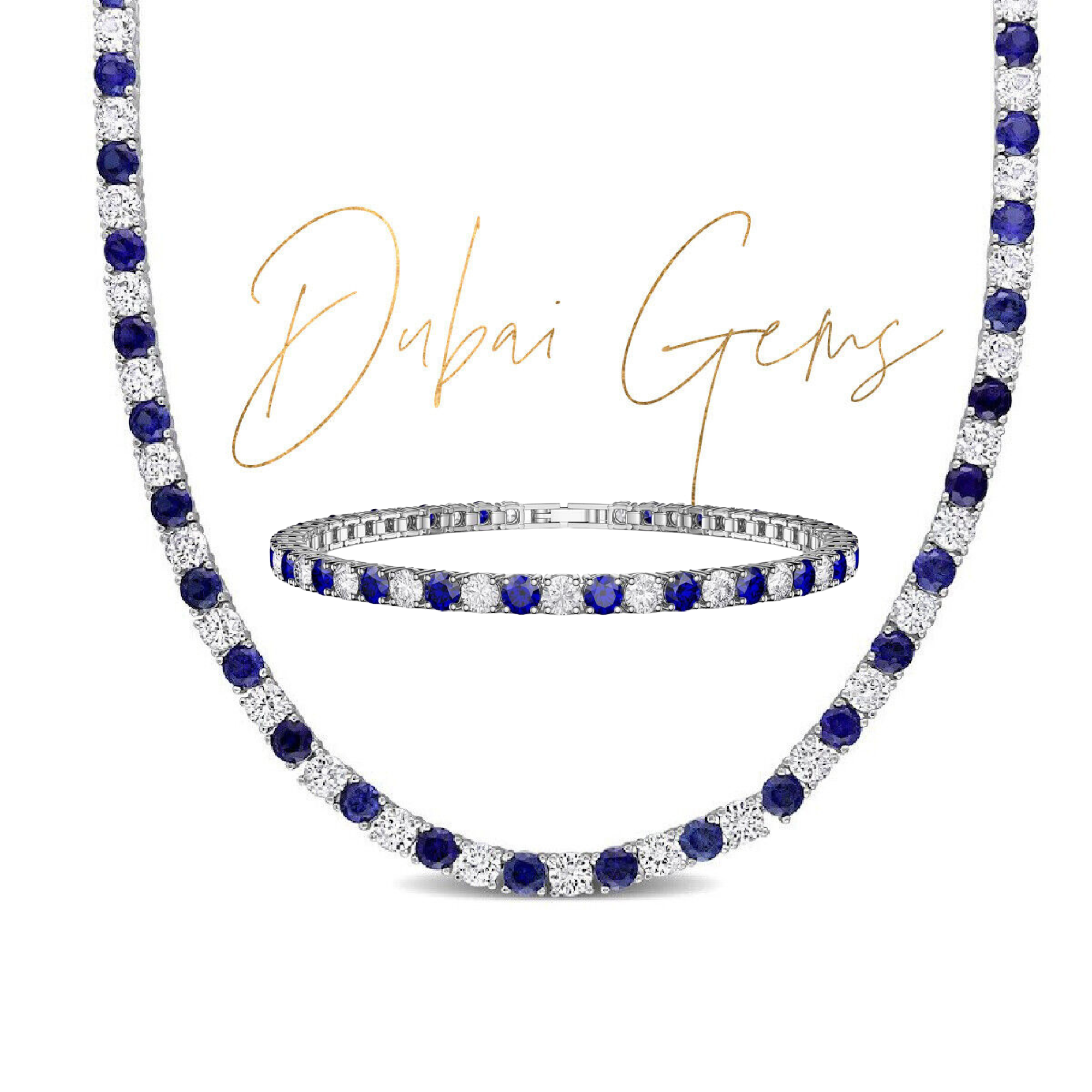 White gold finish blue sapphire round cut created diamond necklace and bracelet