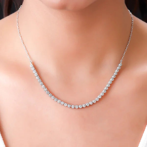 Platinum Finish On Sterling Silver With Single Row Diamond Tennis Necklace