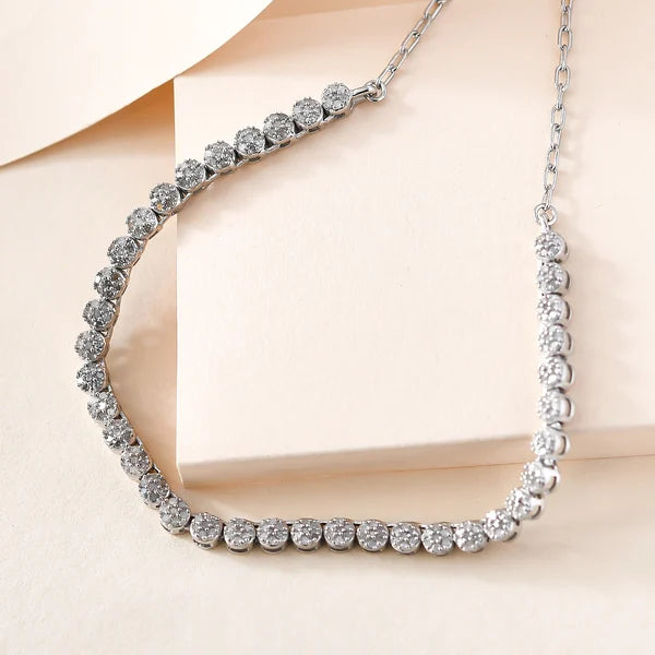 Platinum Finish On Sterling Silver With Single Row Diamond Tennis Necklace