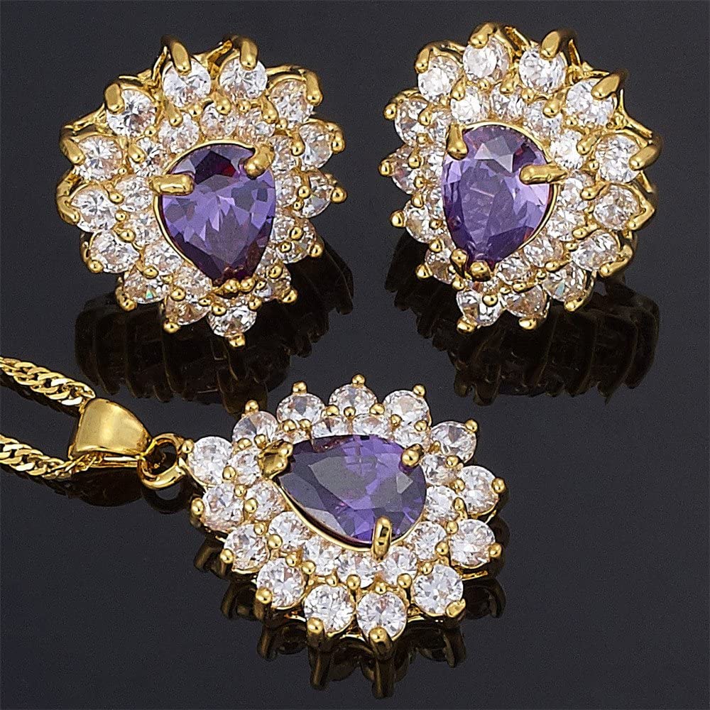 SULTANA – 18K Yellow Gold Finish Purple Amethyst Teardrop Jewellery Set With Cluster Created Diamond.