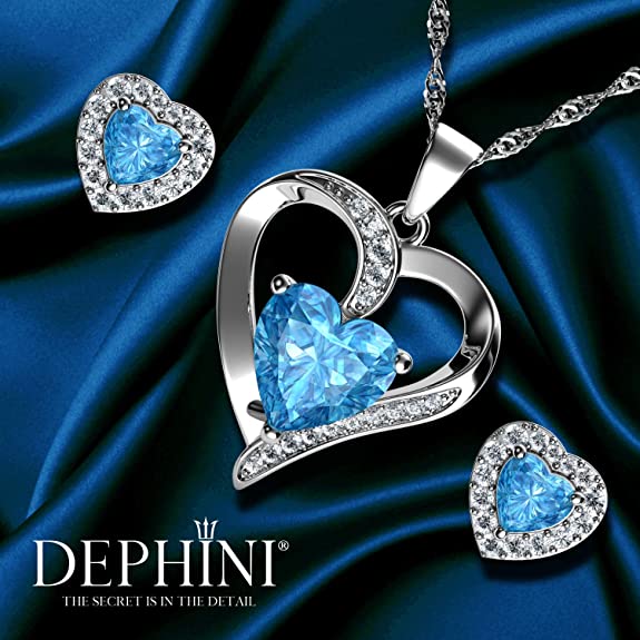 White Gold Finish Aquamarine Heart Cut Swirl Created Diamond Stud Earrings Pendant Necklace Jewellery Set