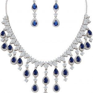 White gold finish pear cut sapphire and created diamond necklace