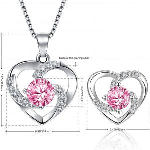 Amour – 925 Sterling Silver Women’s Heart Pink Necklace and Earrings Set