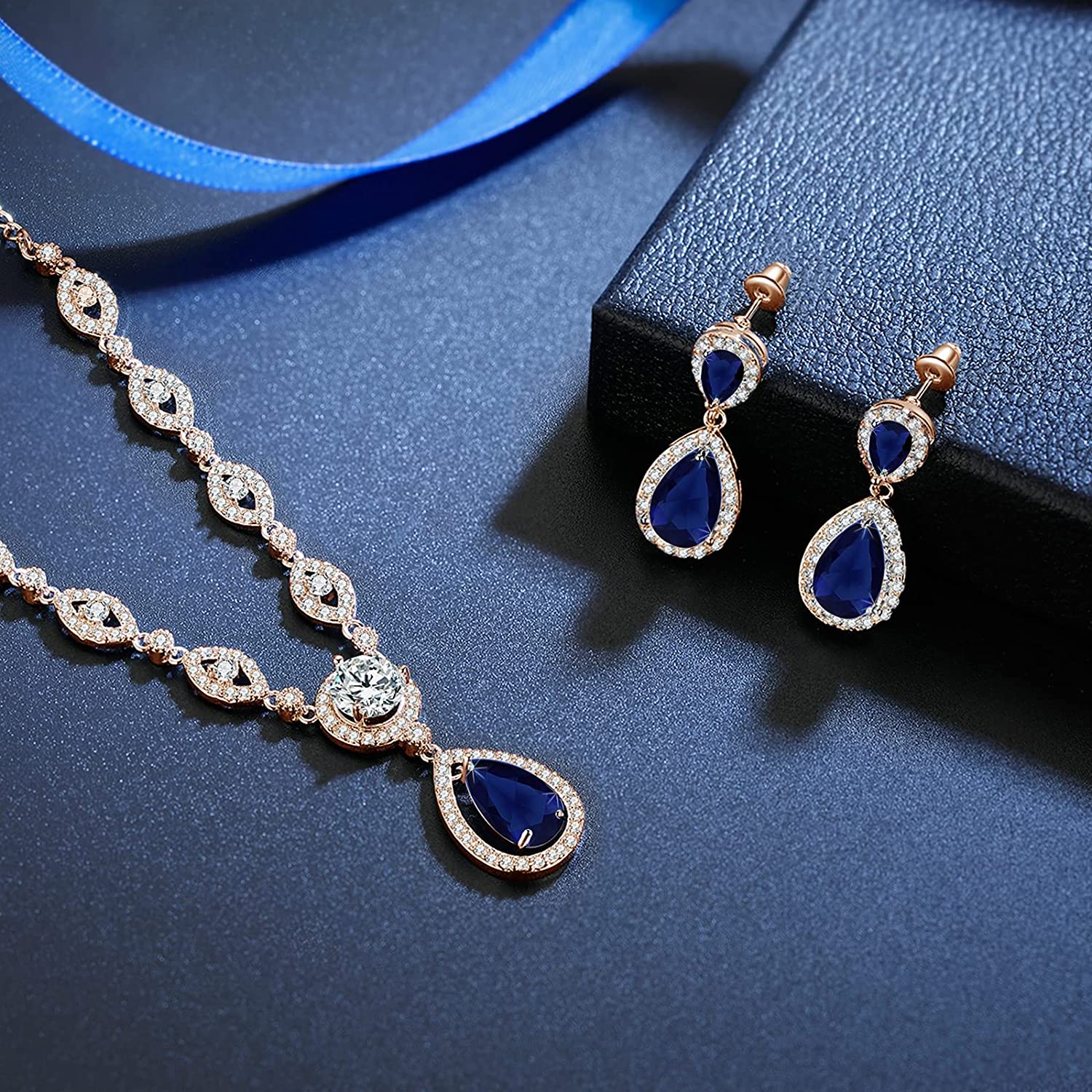 Sultana Rose Gold Women’s Party Blue Jewellery Set Earrings and Necklace