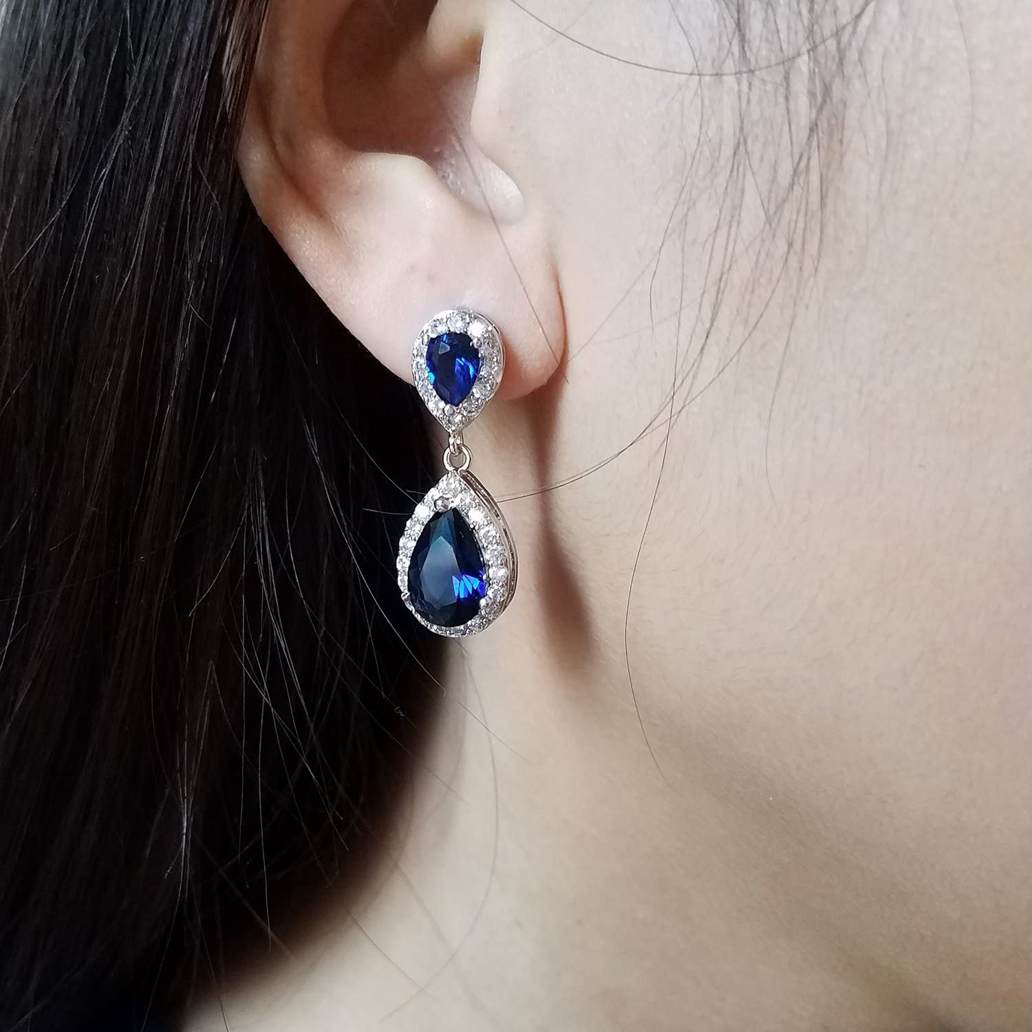 Elegance – White Gold Finish Cluster Royal Blue Created Diamond Teardrop Dangle Earrings