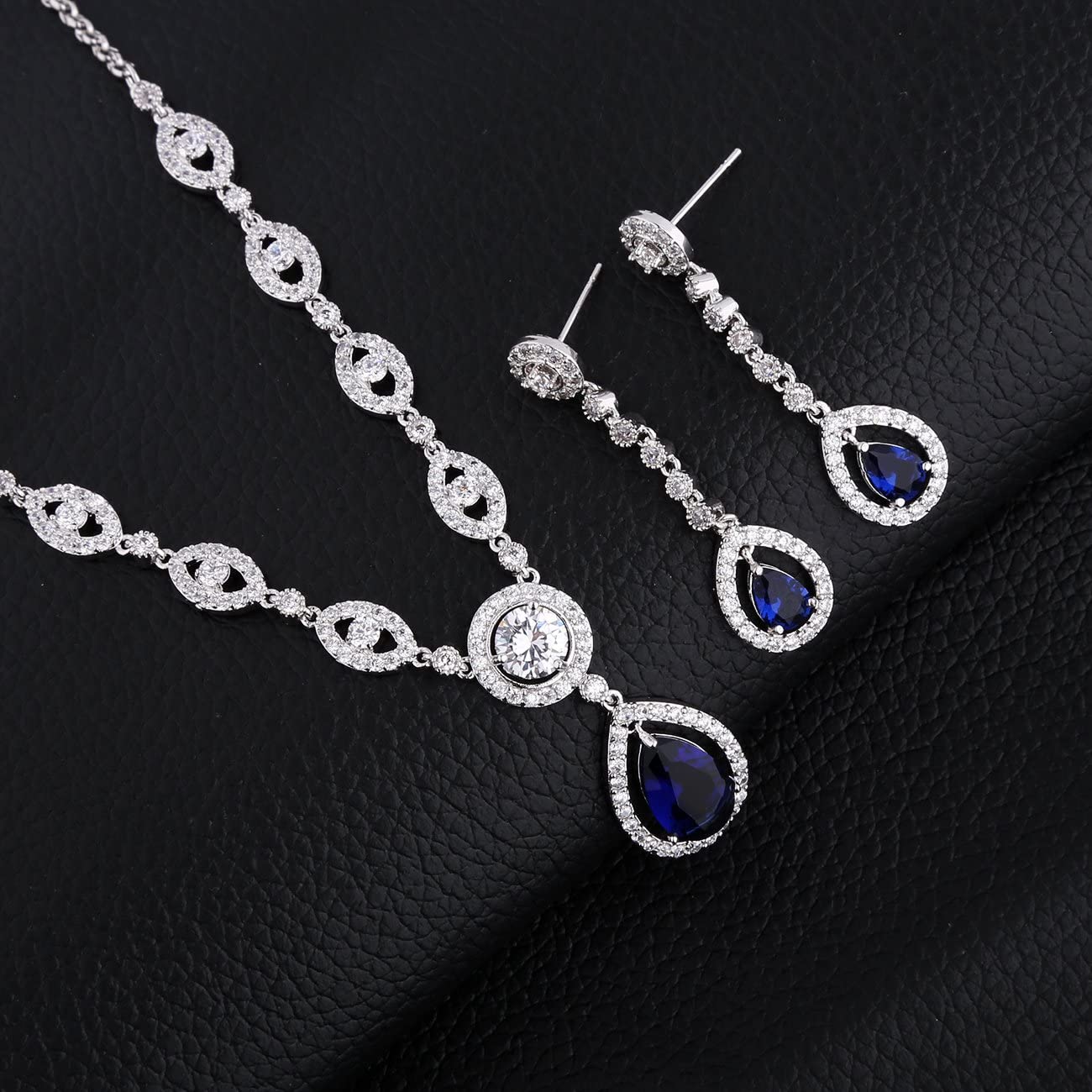 Sultana White Gold Women’s Party Blue Jewellery Set Dangled Earrings and Silver Necklace