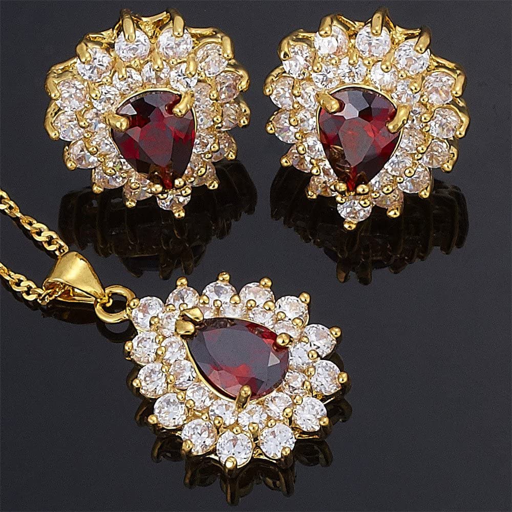 SULTANA – 18K Yellow Gold Finish Red Ruby Teardrop Jewellery Set With Cluster Created Diamond.