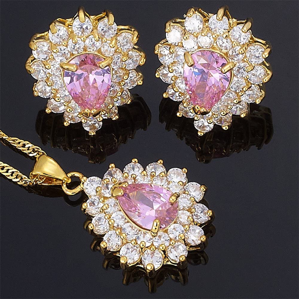 SULTANA – 18K Yellow Gold Finish Pink Sapphire Teardrop Jewellery Set With Cluster Created Diamond.