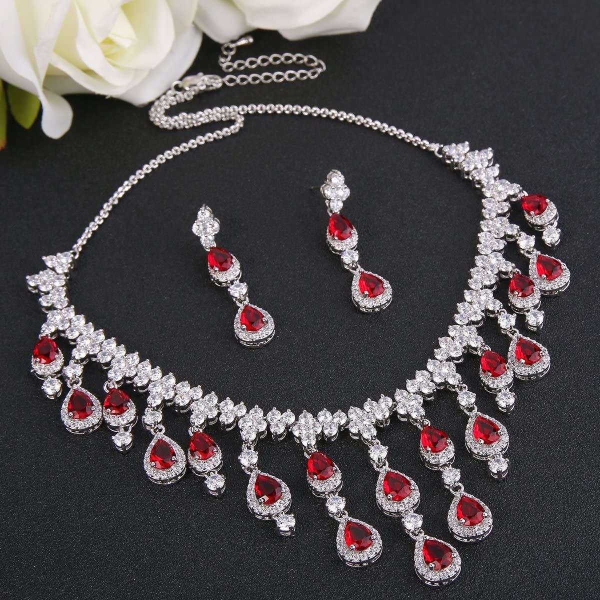 White gold finish pearcut red ruby and created diamond necklace