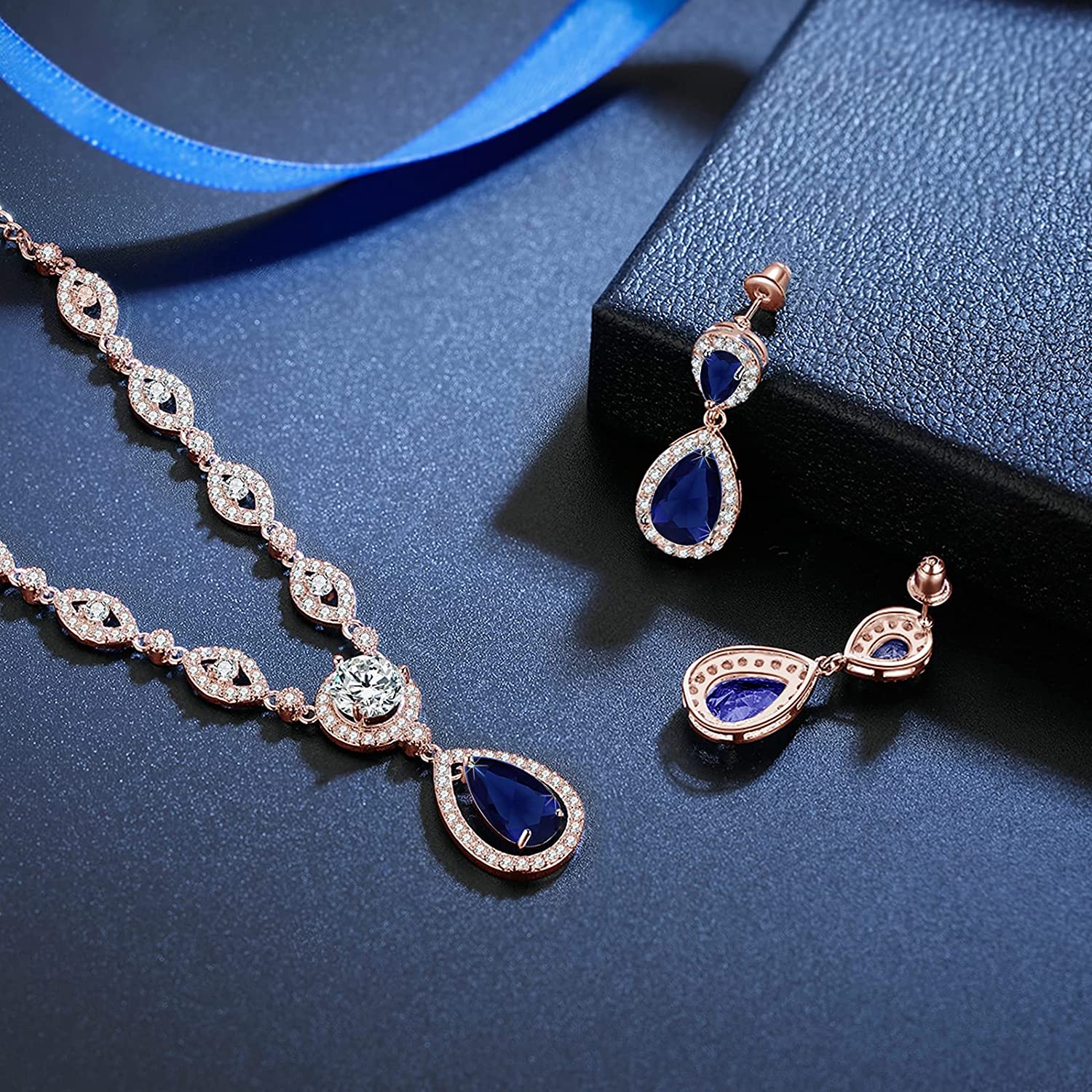 Sultana Rose Gold Women’s Party Blue Jewellery Set Earrings and Necklace