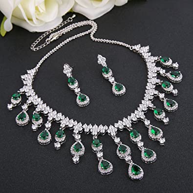 White gold finish pearcut green emerald and created diamond droplet necklace and earrings set