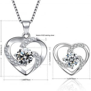 Amour – 925 Sterling Silver Women’s Heart Clear White Necklace and Earrings Set