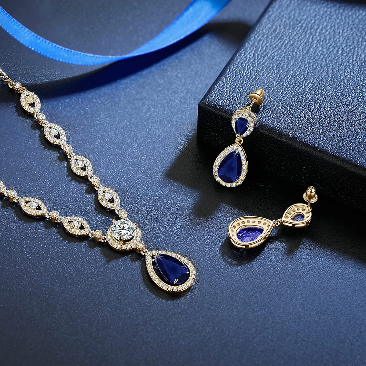 Sultana Yellow Gold Women’s Party Blue Jewellery Set Earrings and Necklace