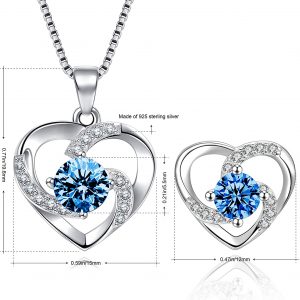 Amour – 925 Sterling Silver Women’s Heart Blue Necklace and Earrings Set