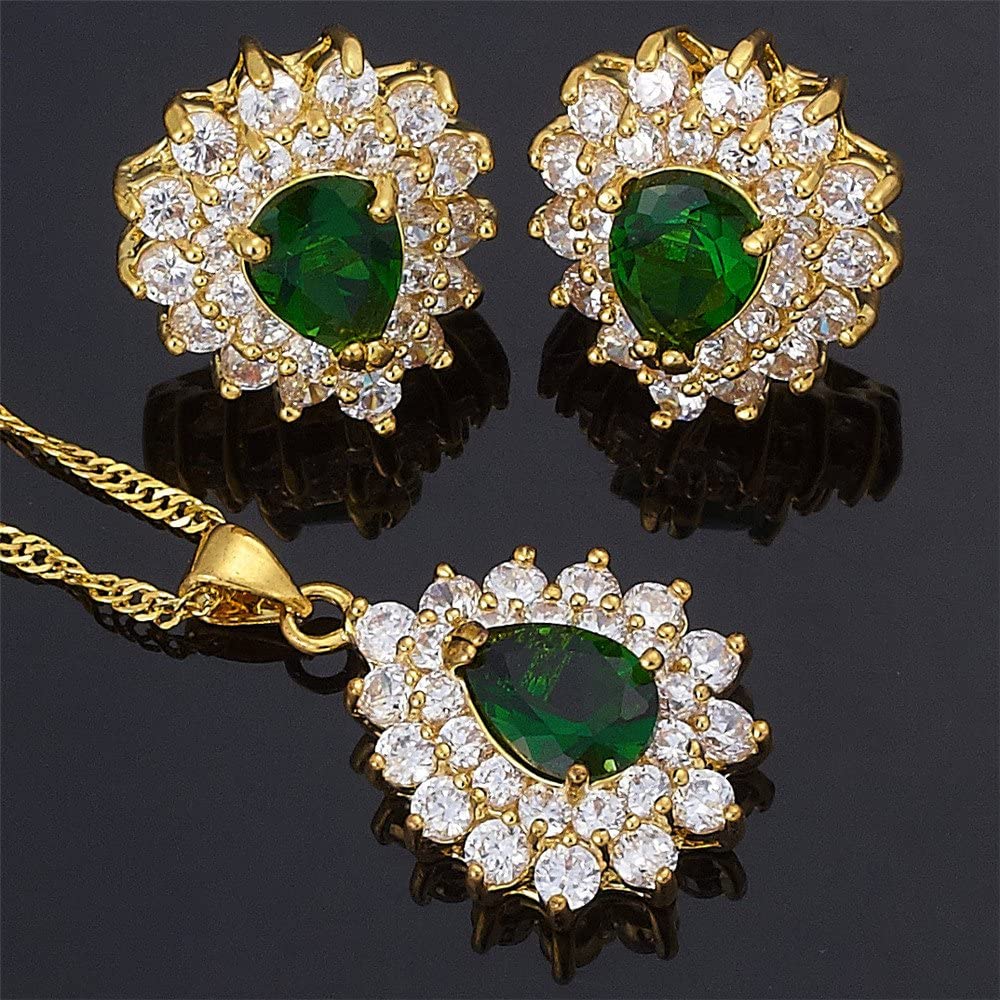 SULTANA – 18K Yellow Gold Finish Green Emerald Teardrop Jewellery Set With Cluster Created Diamond.