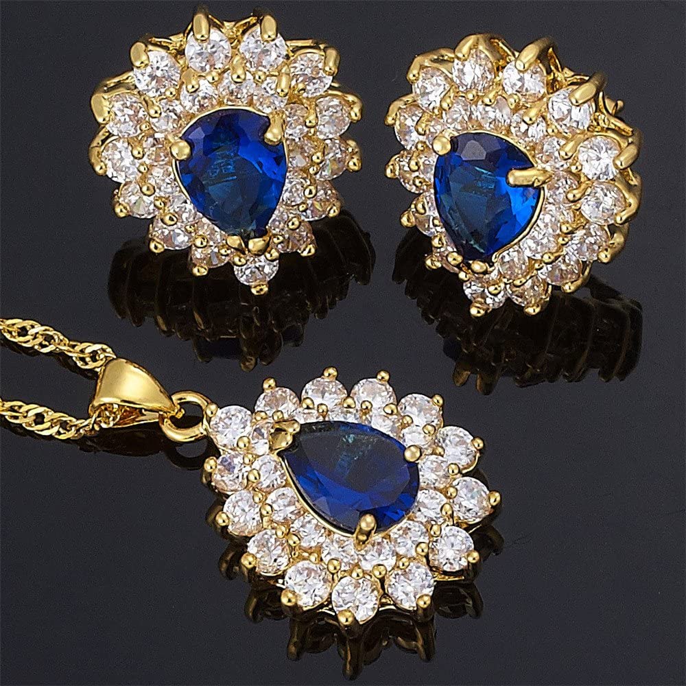 SULTANA – 18K Yellow Gold Finish Blue Sapphire Teardrop Jewellery Set With Cluster Created Diamond.