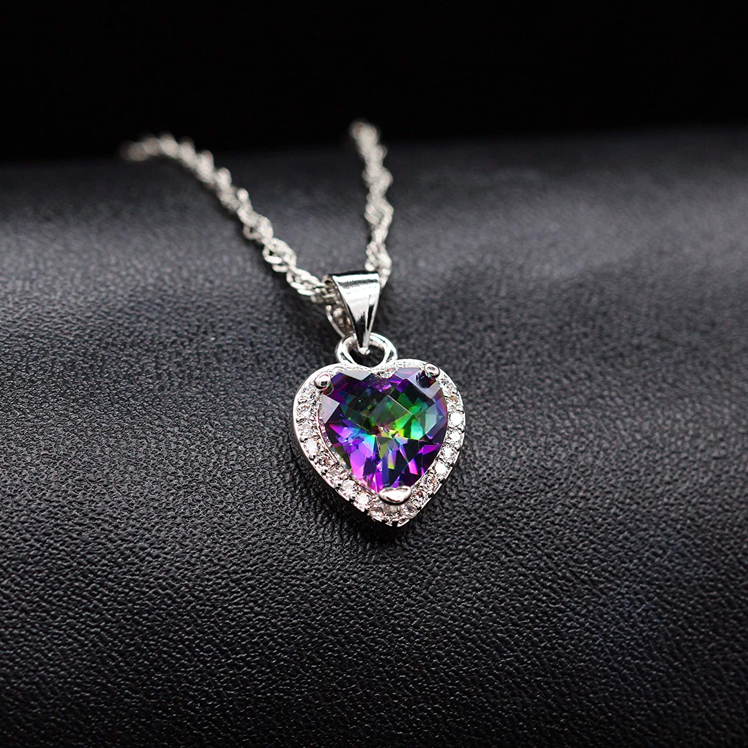 White gold finish heart cut multicolour and created diamond necklace