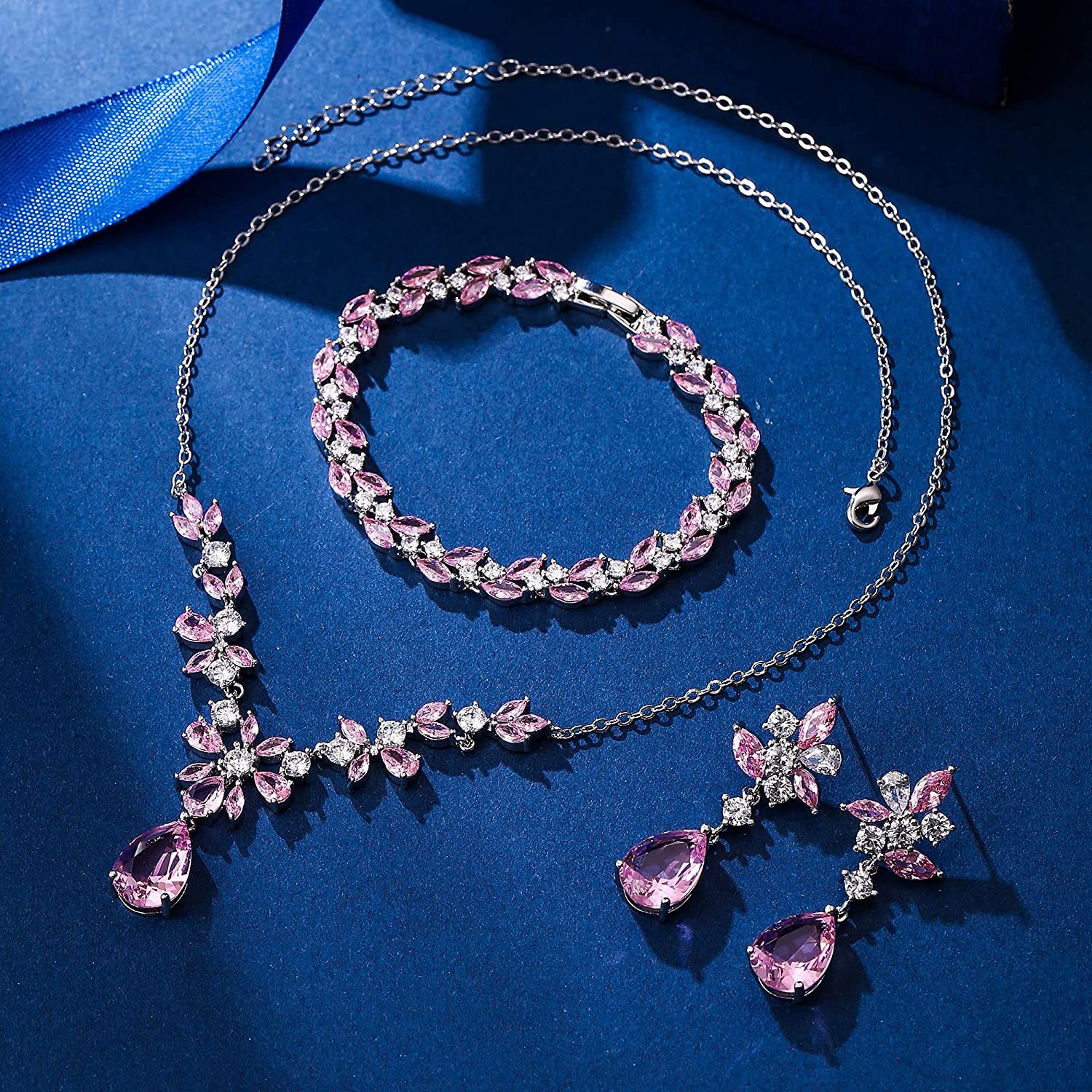 SULTANA – White Gold Finish Created Diamond Pink Chandelier Jewellery set (Marquees/pear cut frost theme)