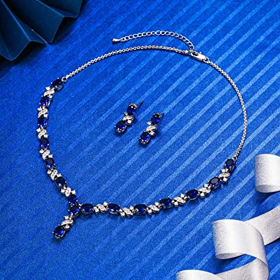 White gold finish Dorchester oval Range blue sapphire designer necklace set