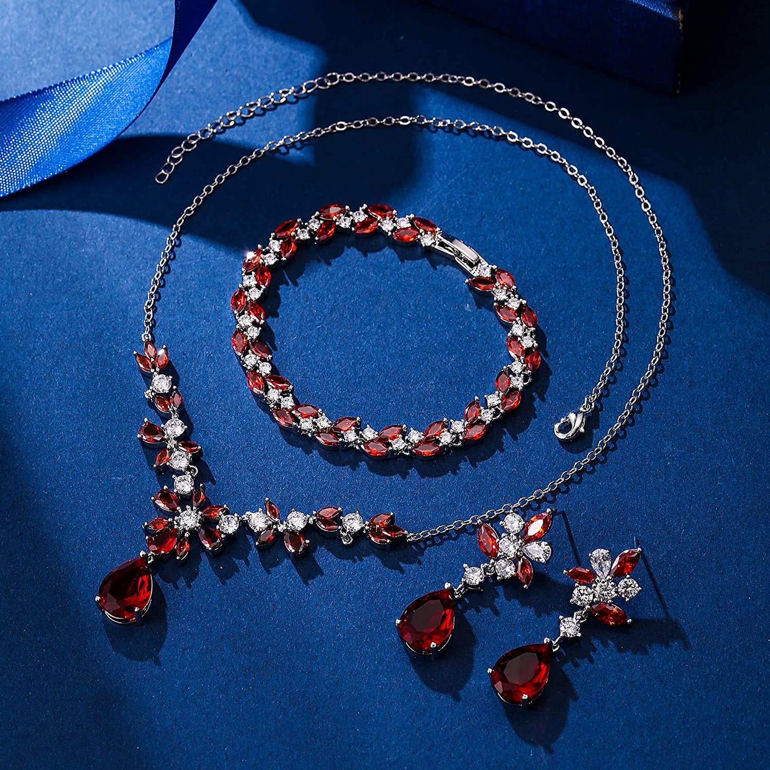 SULTANA – White Gold Finish Created Diamond Red Chandelier Jewellery set (Marquees/pear cut frost theme)