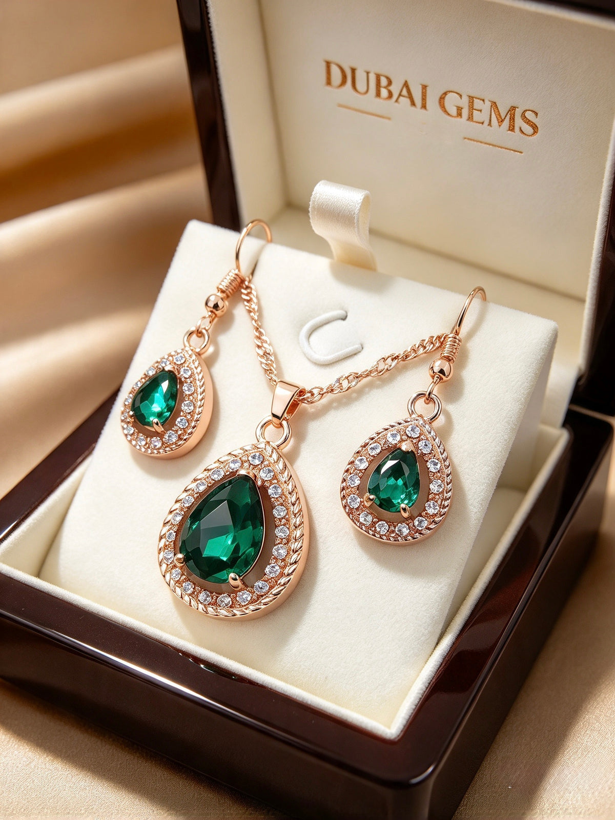 Elowen | Emerald-Colour Pear-Cut Necklace & Earring Set | Dubai Gems