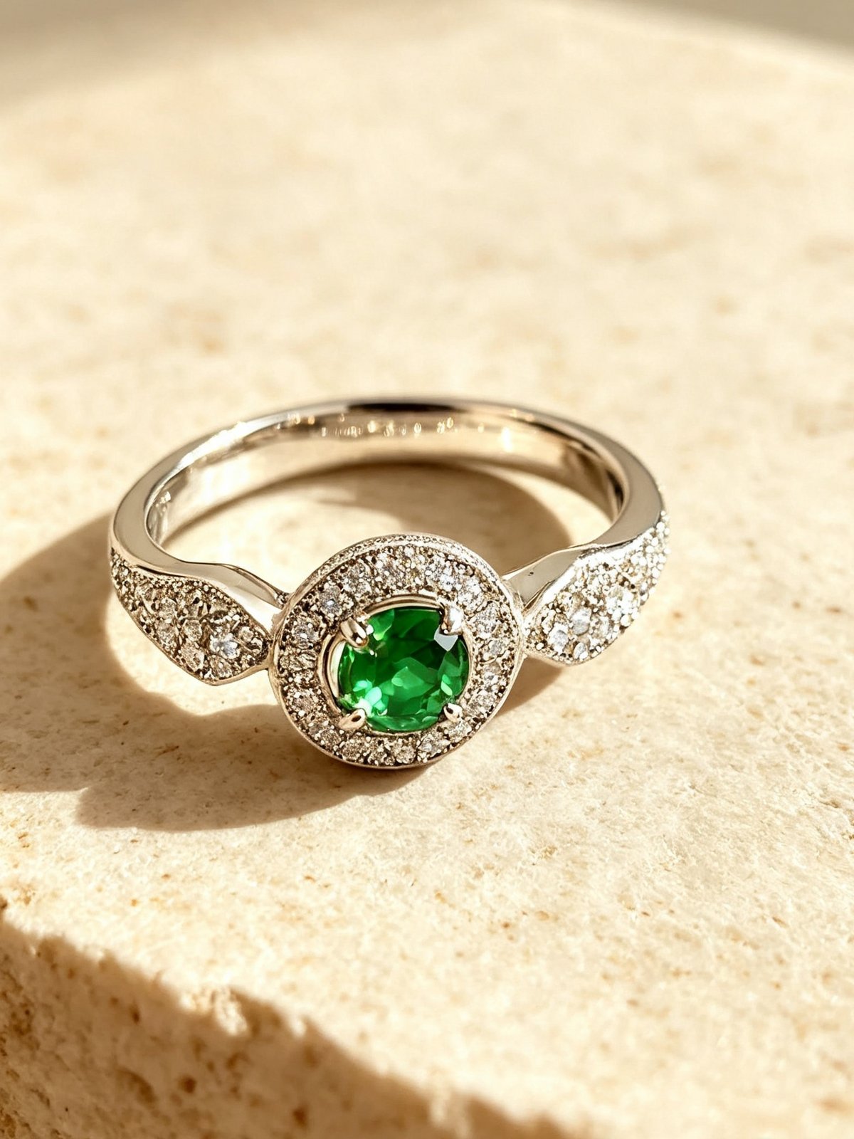 The Celeste — Emerald & Diamond Halo Ring—— DUBAI GEMS