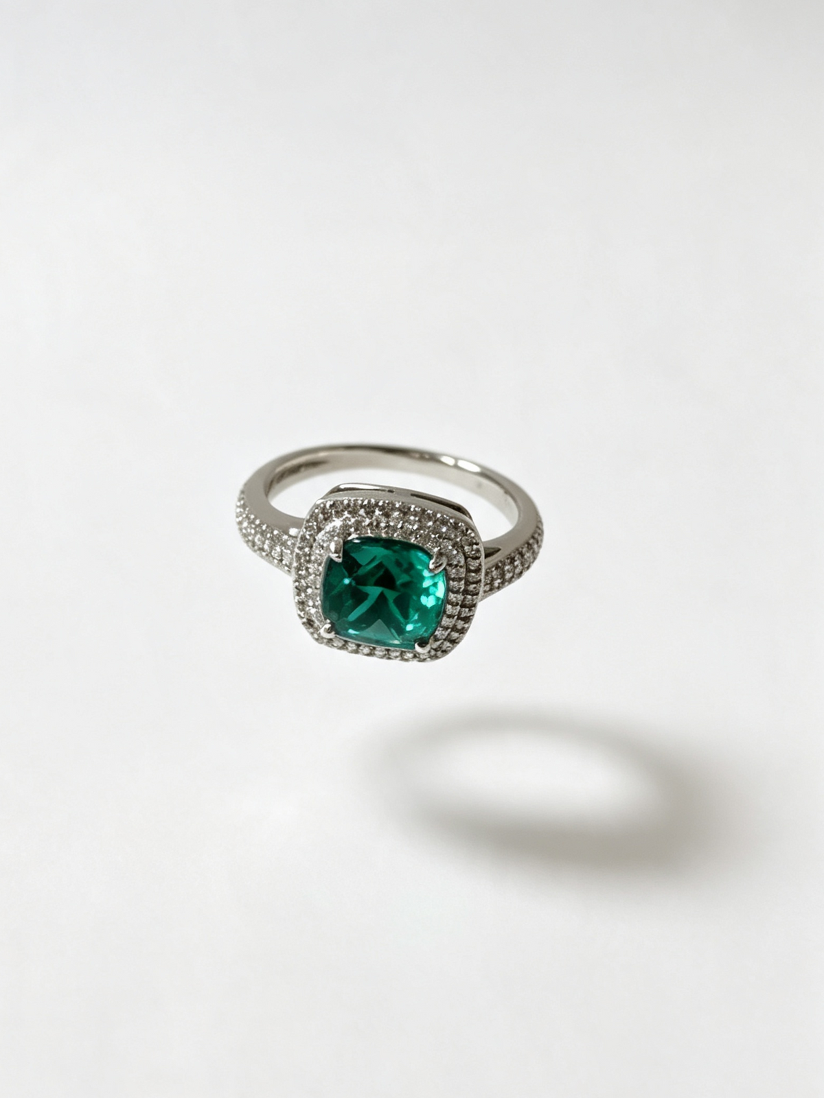 Emerald Green Cushion Cut Halo Ring
