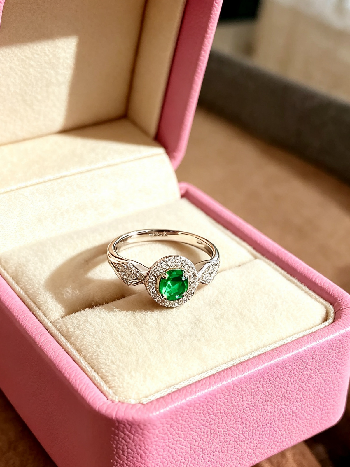 The Celeste — Emerald & Diamond Halo Ring—— DUBAI GEMS