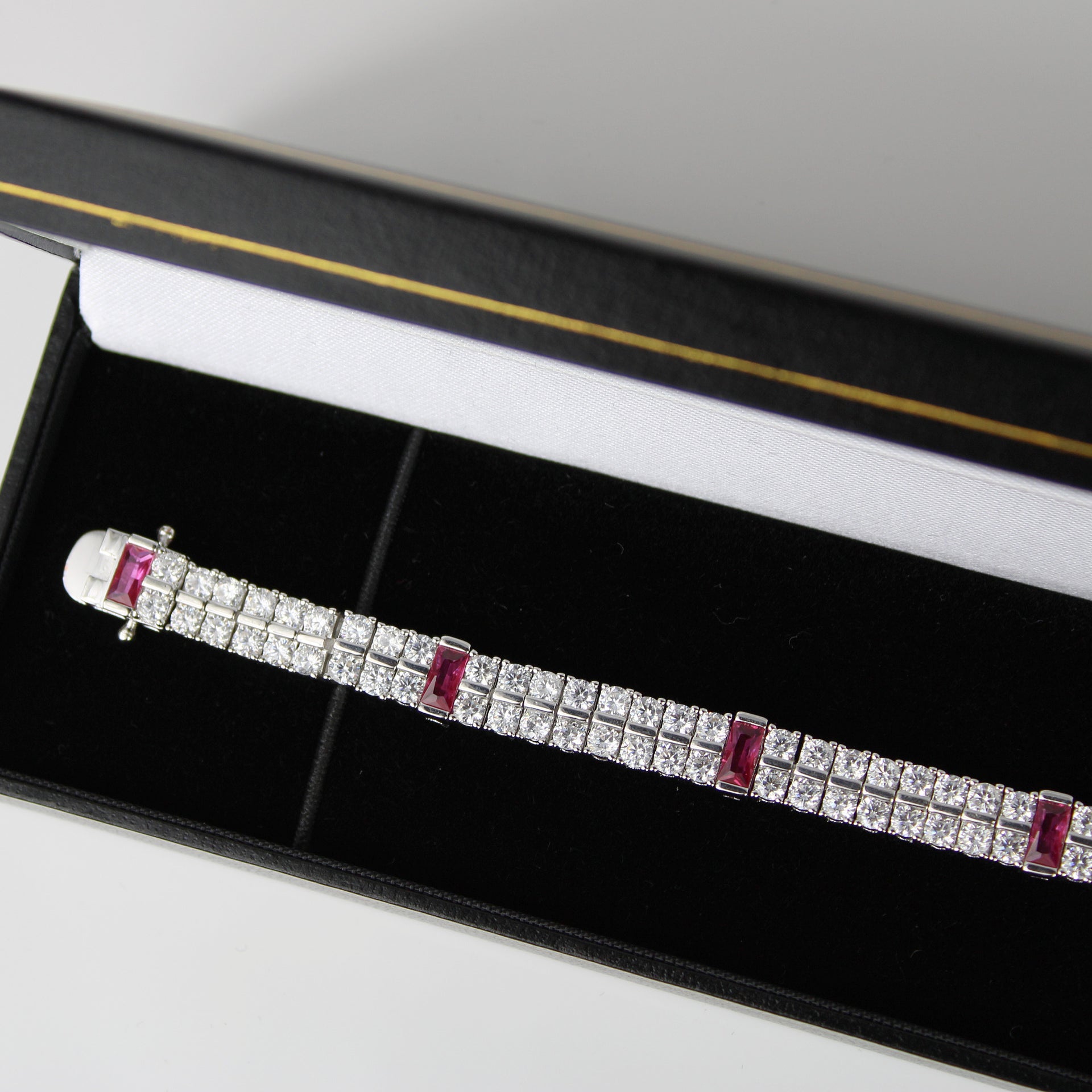 White gold finish Double Row Created Diamond and Red Ruby tennis bracelet