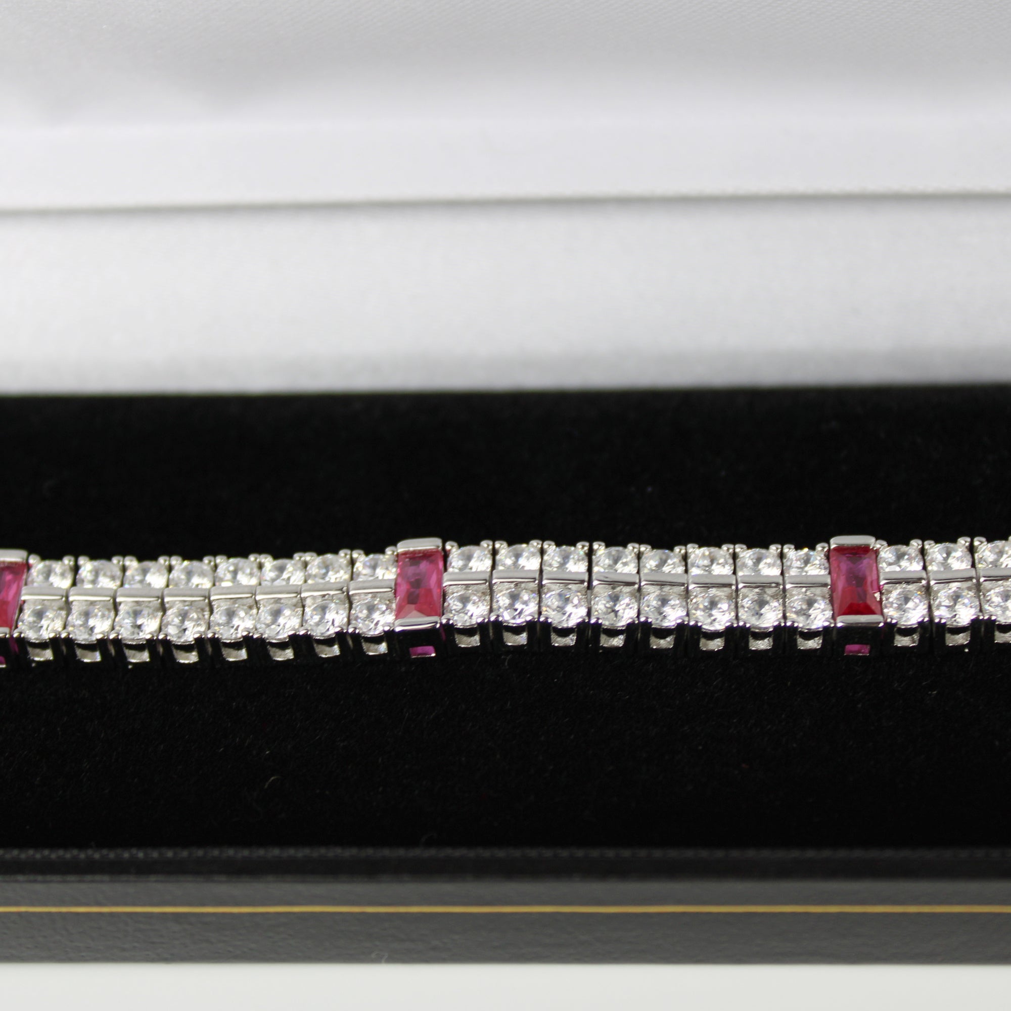 White gold finish Double Row Created Diamond and Red Ruby tennis bracelet