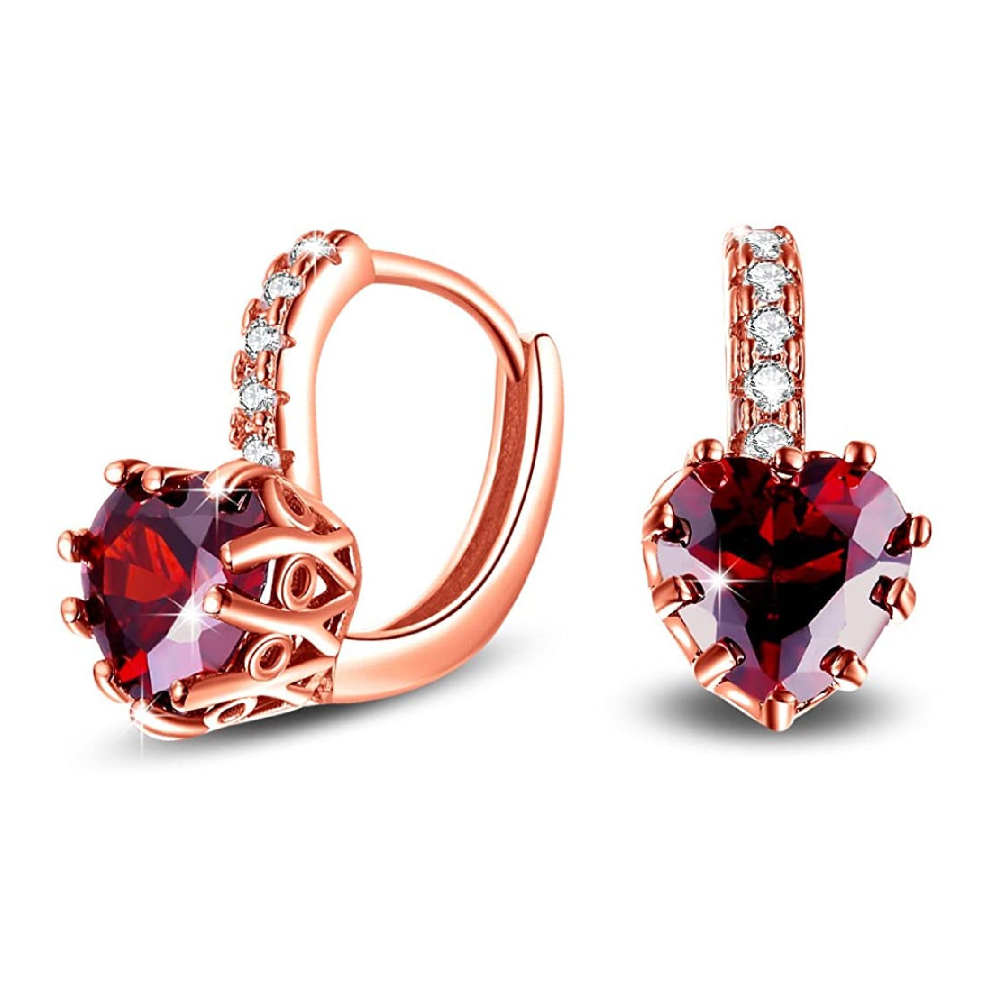 ROSE GOLD FINISH Red Ruby Love Heart Lever Back Drop Created Diamond Earrings