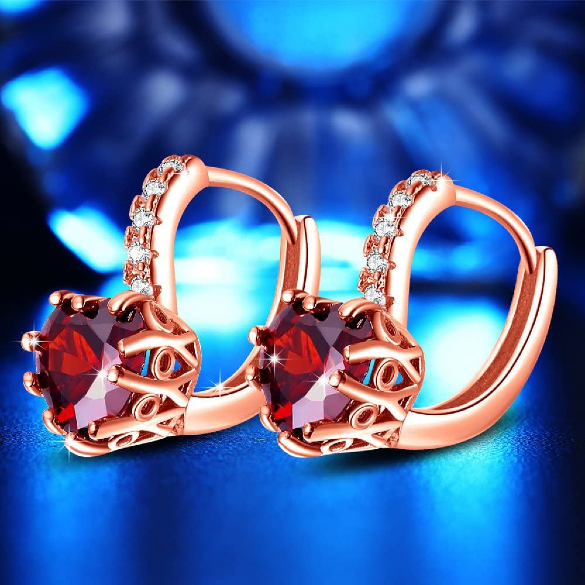 ROSE GOLD FINISH Red Ruby Love Heart Lever Back Drop Created Diamond Earrings