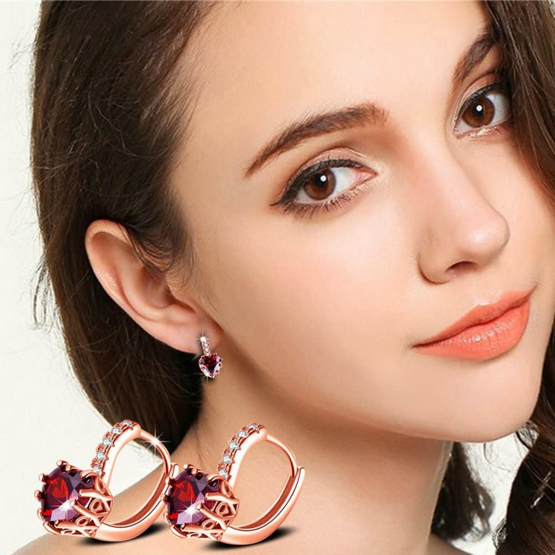 ROSE GOLD FINISH Red Ruby Love Heart Lever Back Drop Created Diamond Earrings