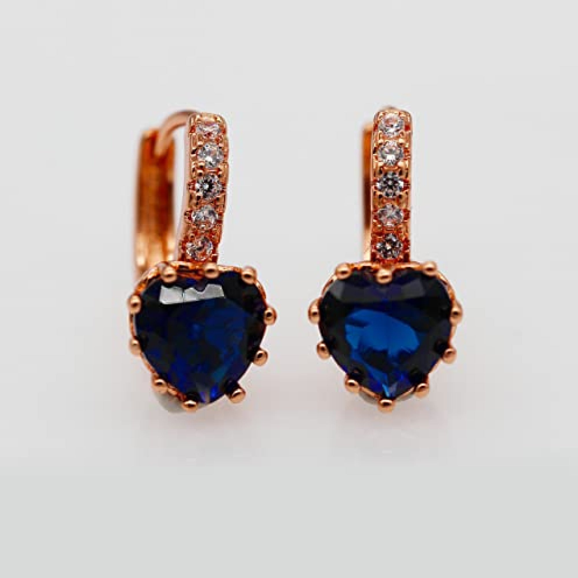 ROSE GOLD FINISH Blue Sapphire Love Heart Lever Back Drop Created Diamond Earrings