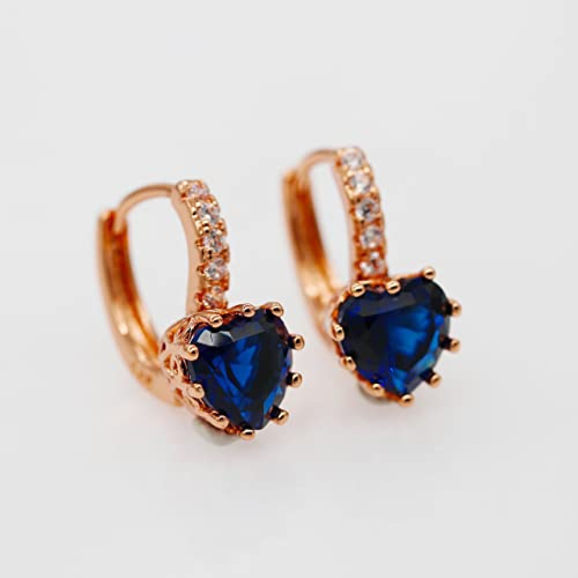 ROSE GOLD FINISH Blue Sapphire Love Heart Lever Back Drop Created Diamond Earrings