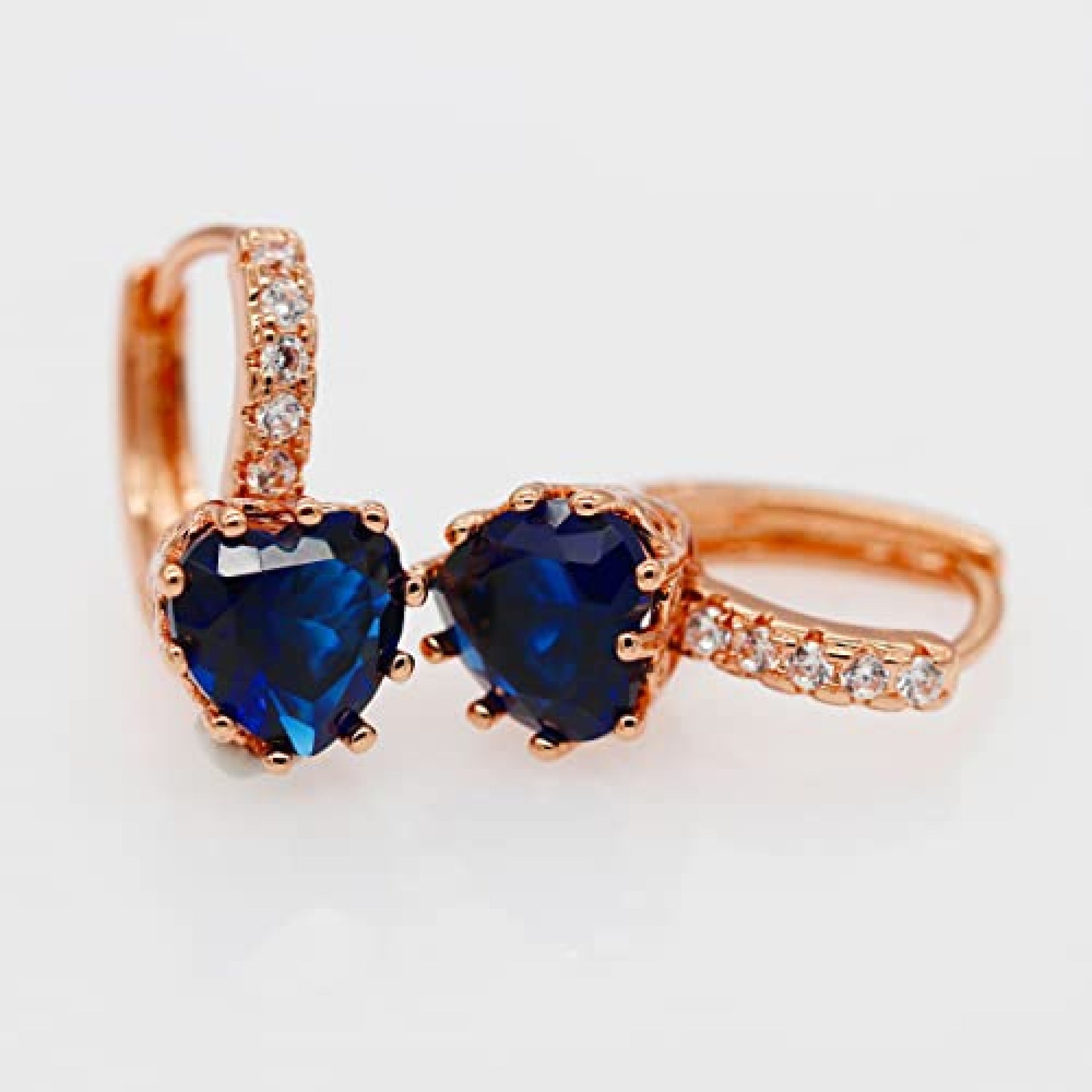 ROSE GOLD FINISH Blue Sapphire Love Heart Lever Back Drop Created Diamond Earrings