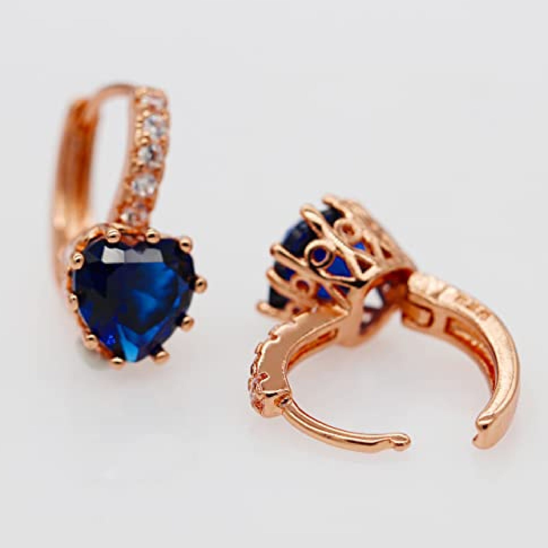 ROSE GOLD FINISH Blue Sapphire Love Heart Lever Back Drop Created Diamond Earrings