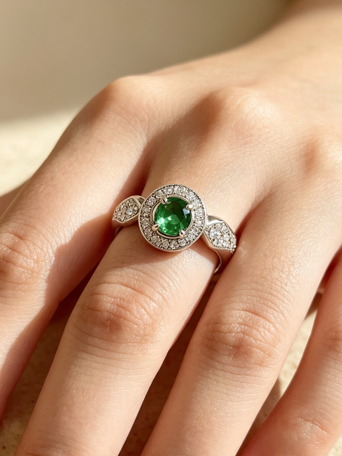 The Celeste — Emerald & Diamond Halo Ring—— DUBAI GEMS