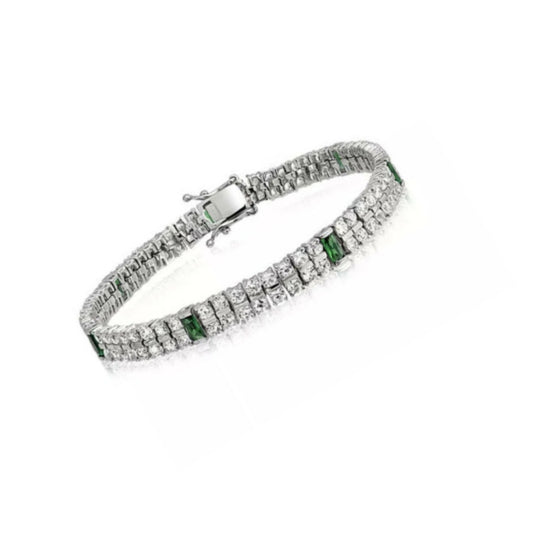 White gold finish Double Row Created Diamond and Green Emerald tennis bracelet