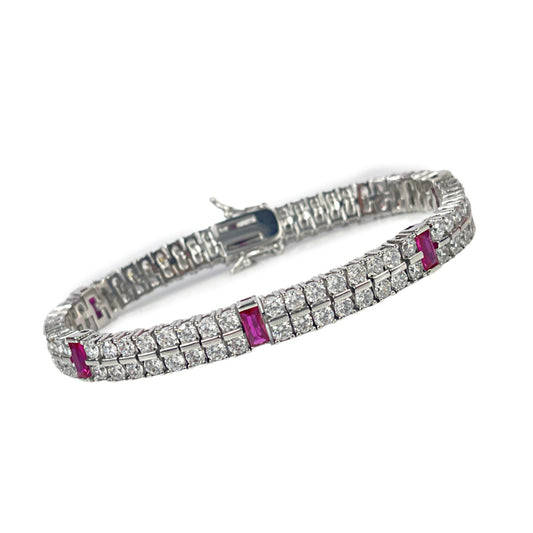 White gold finish Double Row Created Diamond and Red Ruby tennis bracelet