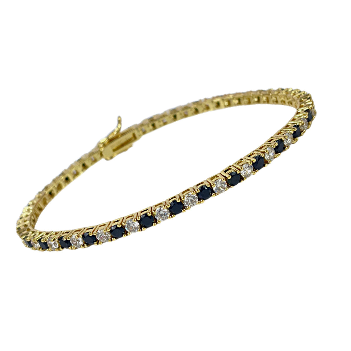 Yellow Gold Finish Created Diamond Black Onyx Round Cut Tennis Bracelet