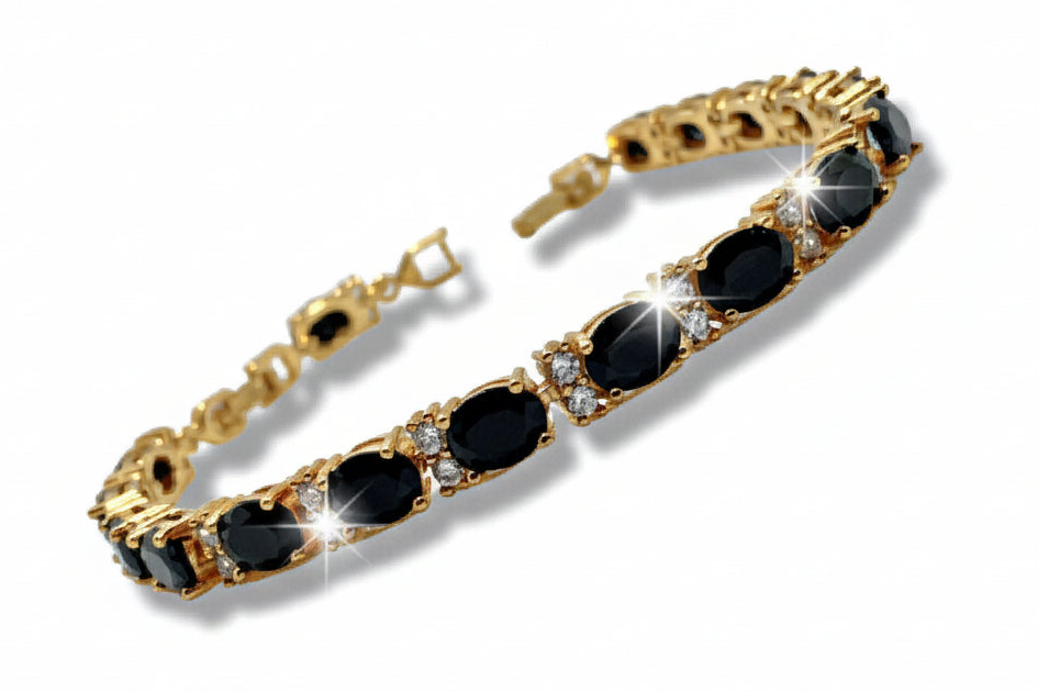 Yellow Gold Finish Black Onyx and Created Diamond Tennis Bracelet