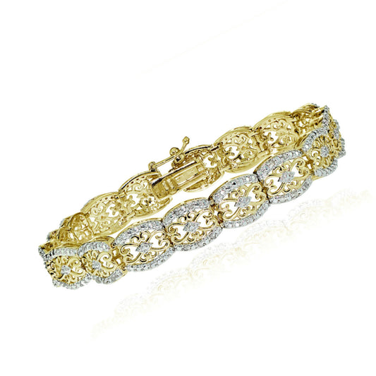 Yellow Gold Finish Natural Diamond Filigree Design Tennis Bracelet With Gift Box