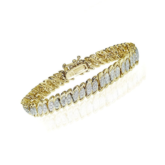 Yellow Gold Finish Natural Diamond Wave Link Design Tennis Bracelet