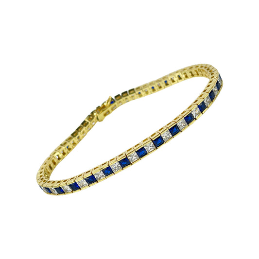 Yellow Gold Finish Created Diamond Blue Sapphire Princess Cut Tennis Bracelet