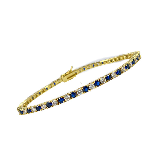 Yellow Gold Finish Created Diamond Blue Sapphire Round Cut Tennis Bracelet