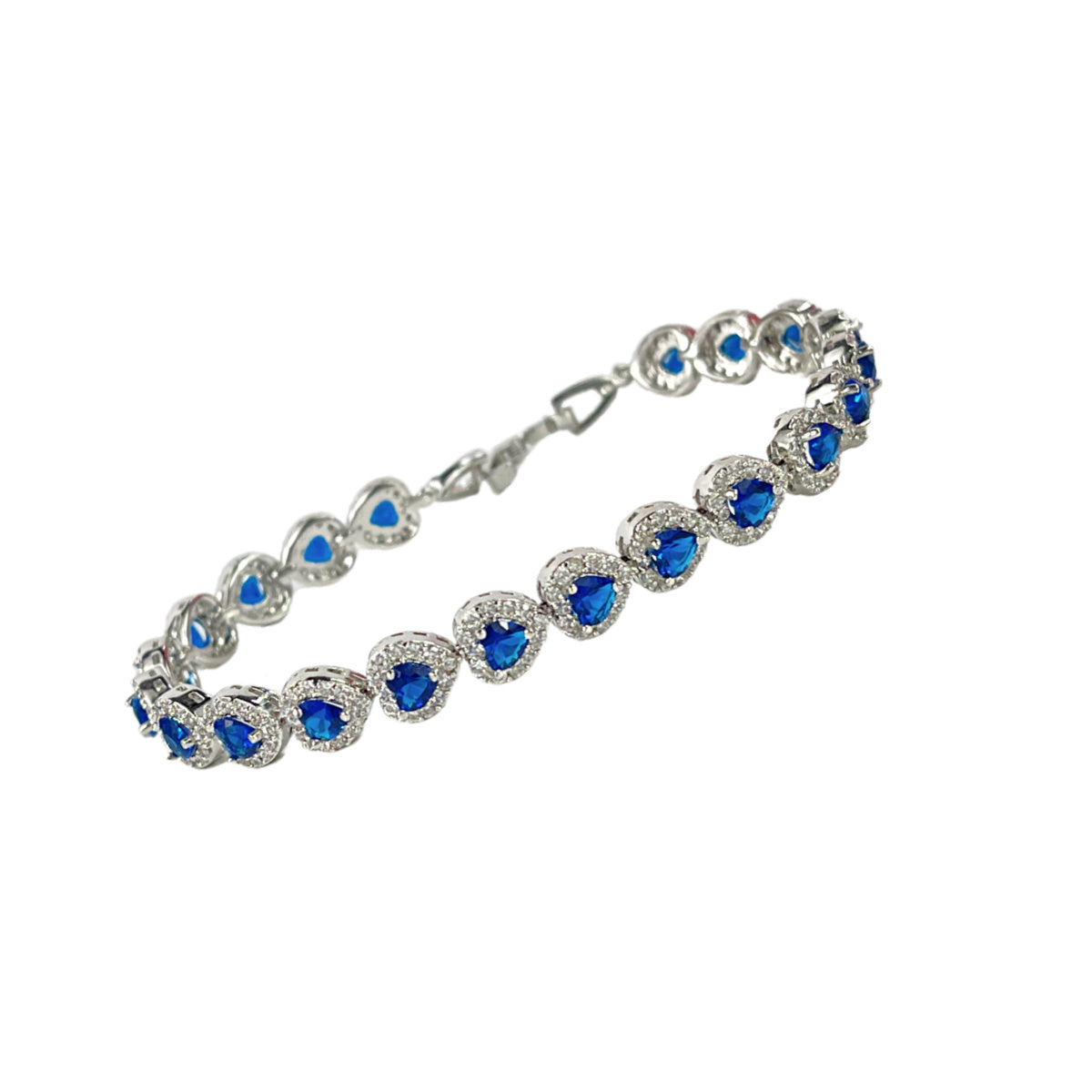 White Gold Finish Blue Sapphire Created Diamond Heart Cut Bracelet