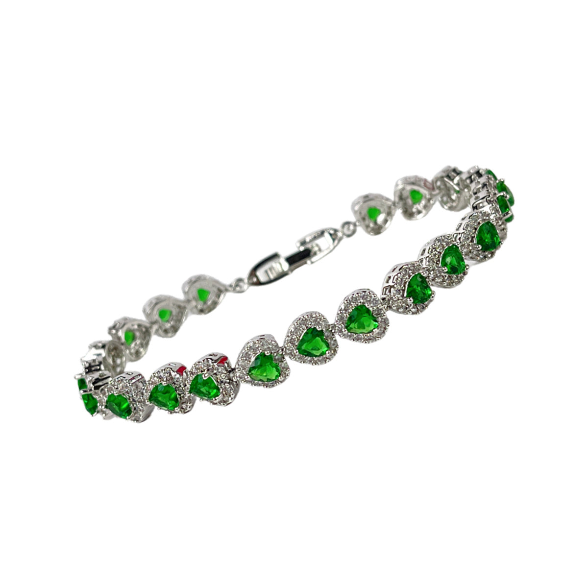 White Gold Finish Green Emerald Created Diamond Heart Cut Bracelet