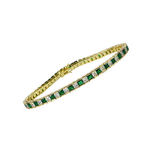 Yellow Gold Finish Created Diamond Green Emerald Princess Cut Tennis Bracelet