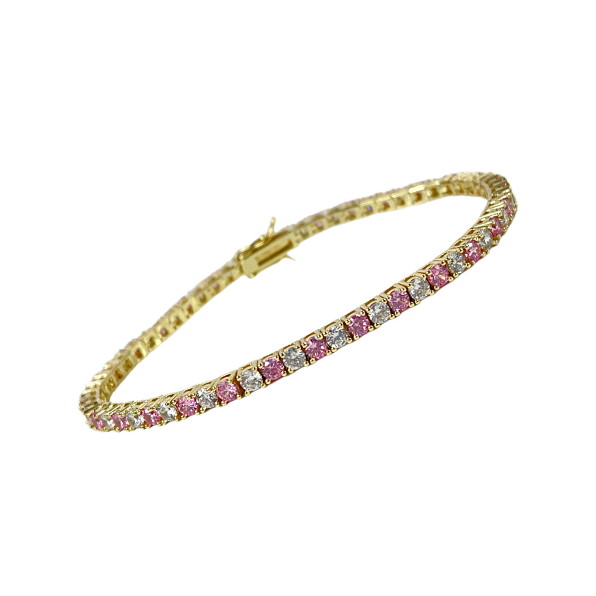 Yellow Gold Finish Created Diamond Pink Tourmaline Round Cut Tennis Bracelet